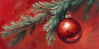 The primary subject of the image is a red Christmas ornament, which is hanging from a tree. The setting is a Christmas tree with green leaves, and the visual style is a painting or drawing. The colors and mood of the image are predominantly red, which is associated with the holiday season.